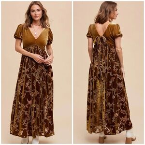 In Bloom camel velvet burnout maxi dress